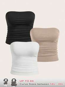 SHEIN CURVE+ Plus Size Women 3 Pieces Ruched Tube Top Set Multipack,Black And White Summer Basique Everyday Basic Body Tops For Ladies - Multicolor - View 1