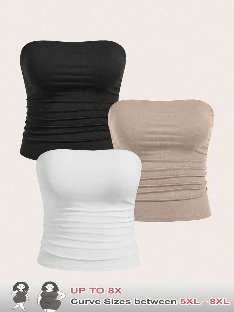 SHEIN CURVE+ Plus Size Women 3 Pieces Ruched Tube Top Set Multipack,Black And White Summer Basique Everyday Basic Body Tops For Ladies - Multicolor - View 1