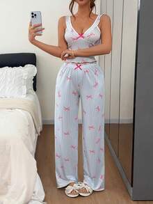 Napfluff Striped Bow Ruffle Trim Women's Pajama Set - Blue - View 3
