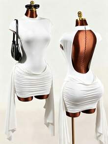 Mistrie New Sexy And Elegant Party Dress With Backless Pleated Ruffles And A Flowing Skirt - White - View 6