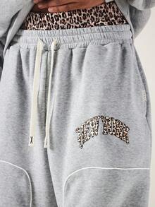 SUMWON Wide Leg Sweatpants With Leopard Print New York Applique Contrast Piping Elasticated Drawstring Waist Fleece Jogger Bottoms - Grey - View 2