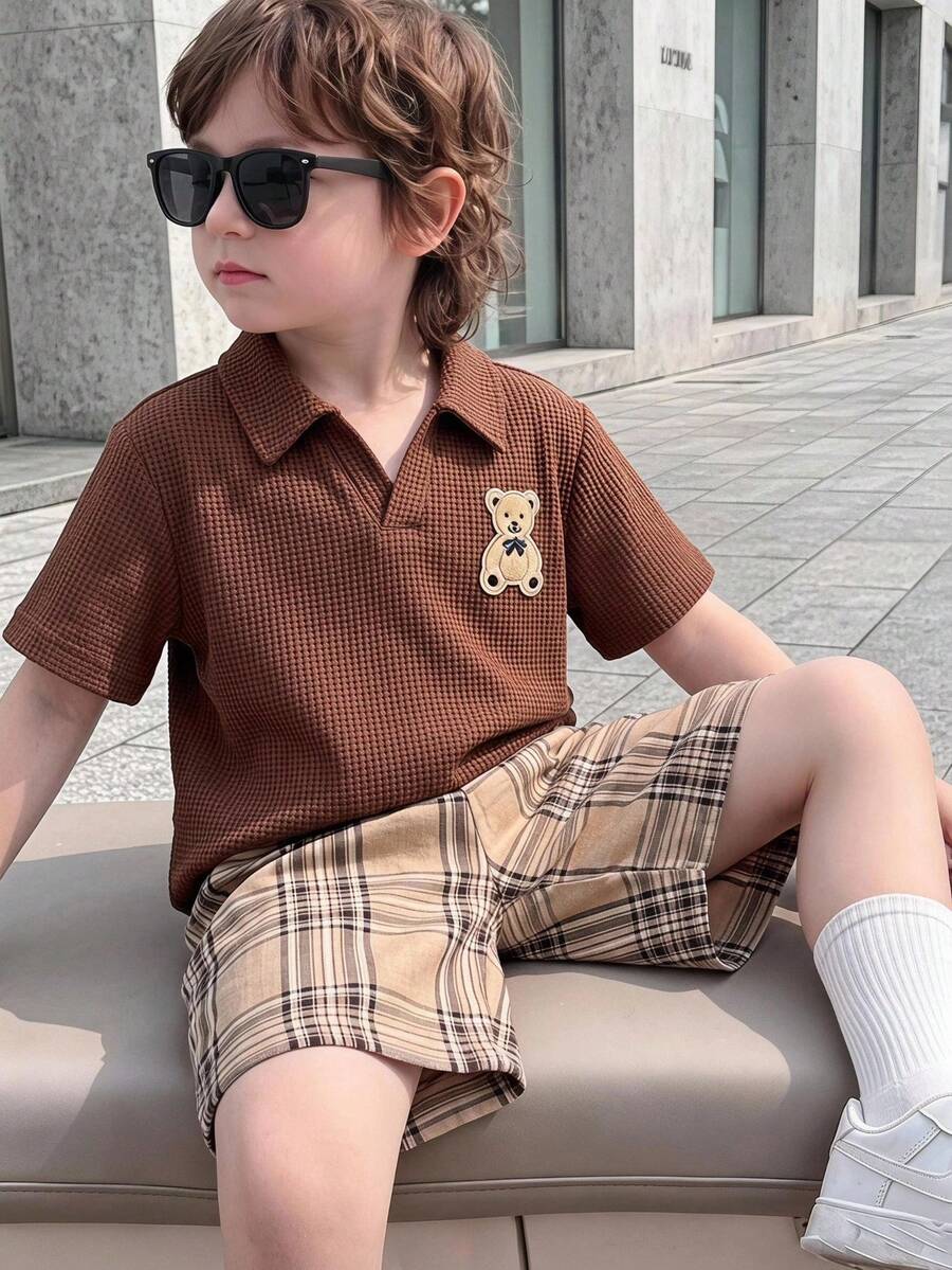 男童小熊图案短袖polo衫和短裤套装,适合日常散步、幼儿园、家庭郊游 - 棕色 - 查看 1
