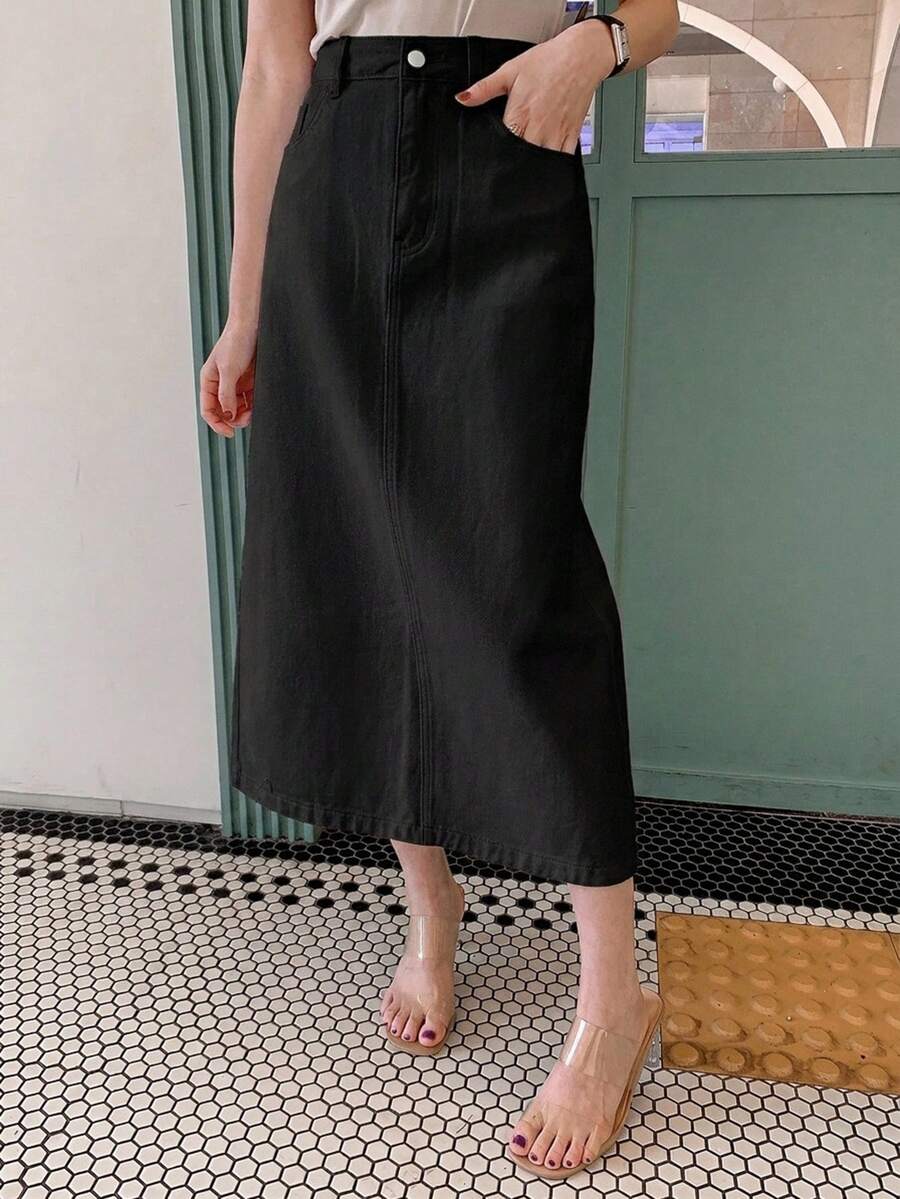 DAZY 夏秋款純色休閒優雅黑色直筒女款牛仔裙 - 黑色 - 查看 1