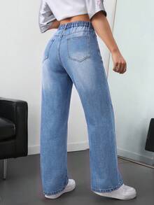 SHEIN EZwear 大尺碼女款休閒口袋直筒牛仔褲 正式校園大學風 天藍色 夏季 - 淺色水洗藍 - 查看 2