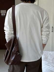 DAZY Men's Long Sleeve Knitted Fabric Crew Neck T-Shirt With Chest Pocket And Patch Design, Suitable For Layering Or Outerwear, Spring/Autumn - White - View 2