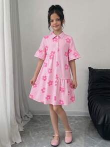 Firerie Kids Tween Girls' Fashion Casual Summer Commute Collared Woven Striped Floral Patchwork Ruched A-Line Dress, Back To School & Graduation Season - Pink - View 6