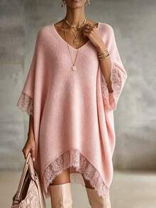 LUMIGAL Women's Solid Color V-Neck 3/4 Batwing Sleeve Contrast Lace Loose Knit Dress - Pink - View 5
