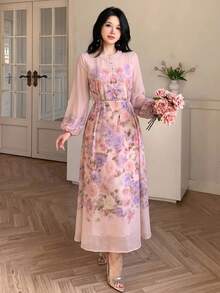 Modelyn Summer Fashion Round Neck Long Sleeve Chiffon Placement Print Fitted Flared Dress Date Night Bridal Party Wedding Dusty Pink Wedding Elegant - Multicolor - View 7