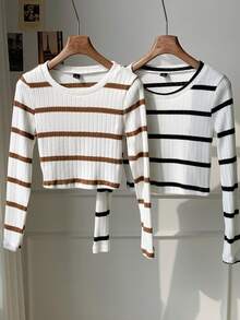 SHEIN EZwear 秋季新款 2件/組 女款圓領長袖羅紋針織T恤，適合秋冬/返校季 - 彩色 - 查看 1
