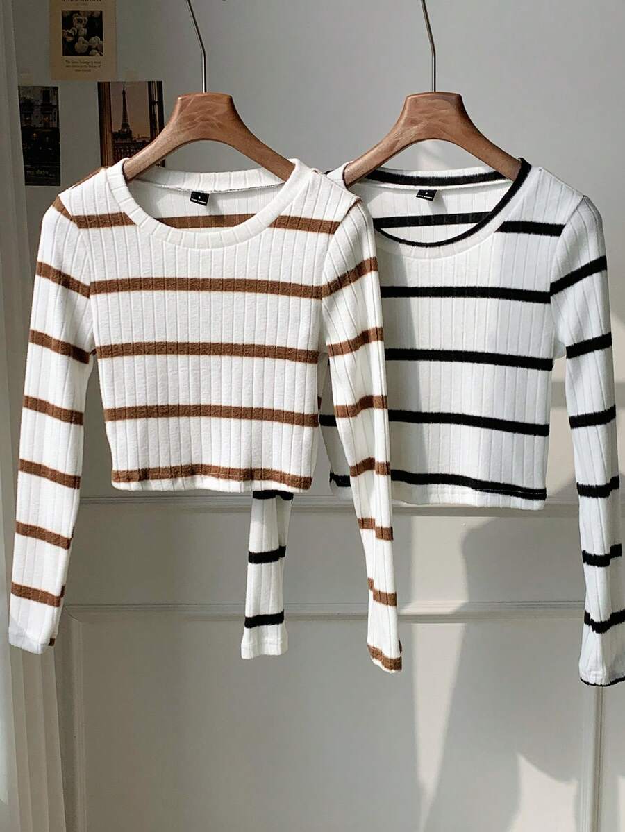 SHEIN EZwear 秋季新款 2件/組 女款圓領長袖羅紋針織T恤,適合秋冬/返校季 - 彩色 - 查看 1