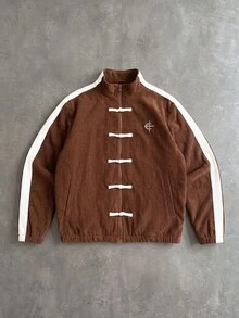 PAVTROS Men's Colorblock Patchwork Frog Button Jacket - Coffee Brown - View 3