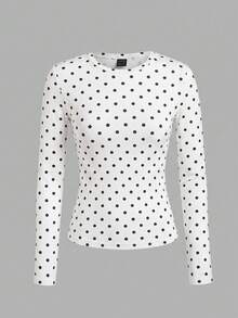 SHEIN EZwear 女款 3 件組波點圓領休閒修身長袖 T 恤套裝，秋季上衣，適合日常通勤、約會、派對，秋/冬/夏，聖誕節、新年、感恩節、外出、約會、約會、通勤、閃亮、情人節、優雅、度假、休閒、Y2K、外出、畢業典禮及其他場合 - 彩色 - 查看 3
