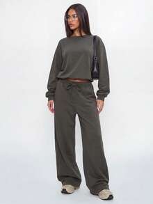 Avantive Women's Solid Color Long Sleeve Top And Drawstring Waist Pants Casual Daily 2-Piece Set - Coffee Brown - View 4