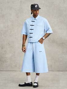 PAVTROS Men's Blue New Chinese Frog Button Short Sleeve Shirt And Drawstring Shorts Set, Plaid Set - Blue - View 3