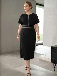 MOTF PREMIUM PLUS SIZE ELEGANT BLACK & WHITE CONTRAST TRIM DESIGN WOMEN MINIMALIST PRACTICAL MID-LENGTH DRESS - Black and White - View 4