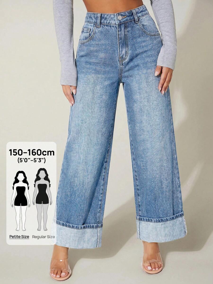 SHEIN PETITE 女款休閒水洗直筒牛仔褲