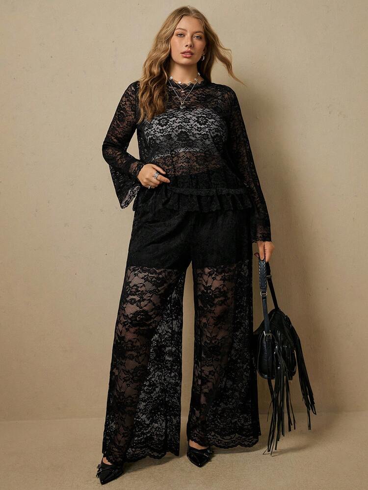 Freevana Plus Size Women Sexy Black Floral Lace Sheer See Through High Waisted Wide Leg Loose Pants Trousers - Black - View 6