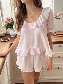 Snug Reverie Conjunto de pijama de shorts con volantes románticos de unicolor para mujer - Rosa Pálido - Ver 4