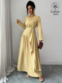 SHEIN Clasi Women's Fall Casual Modest Elegant Cinched Waist Pleated Design Solid Color Long Sleeve Cotton Blend Dress For Dating Tea Party Everyday Brunch Outing - Mustard Yellow - View 9