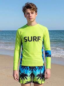 SHEIN Teen Boys 2 Pieces Swimwear Set,Long Sleeve Palm Tree Print Rash Guard Top With Swim Trunks,Suitable For Summer,Beach,Holiday,Pool Party Surf Shirt - Multicolor - View 1