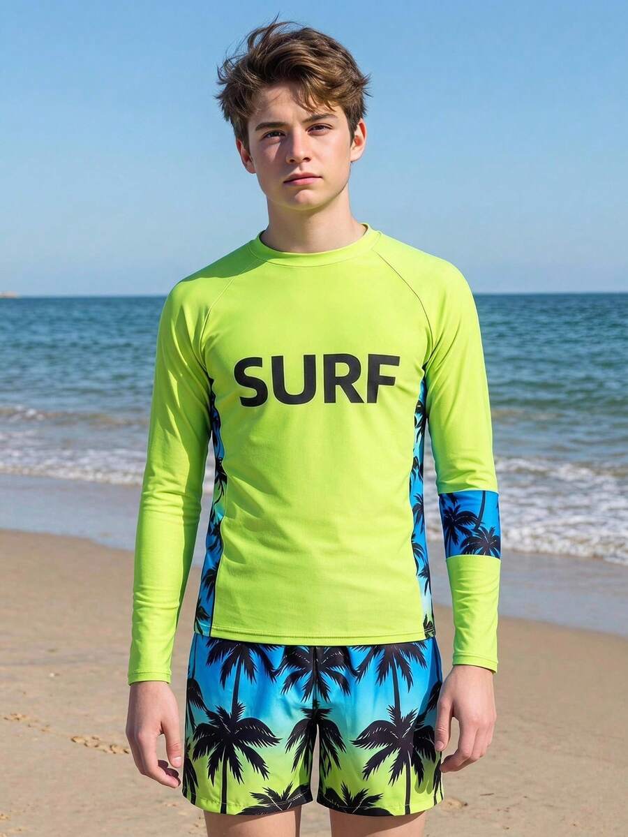 SHEIN Teen Boys 2 Pieces Swimwear Set,Long Sleeve Palm Tree Print Rash Guard Top With Swim Trunks,Suitable For Summer,Beach,Holiday,Pool Party Surf Shirt - Multicolor - View 1