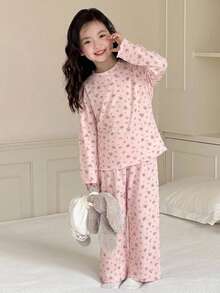 DAZY Ditsy Floral Loose Long Sleeve Casual T-Shirt Top + Straight Leg Pants 2 Pieces Set Loungewear For Young Girls Fall - Pink - View 8
