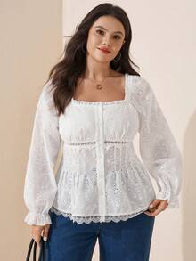 Easowa Curve Blus Bordir Berongga Warna Polos Ukuran Besar - Putih - View 5