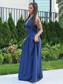 SAYEHFBABY Elegant Summer Navy Blue And White Striped Halter Neck Maxi Dress,Flowy Skirt Bodycon Waist Vacation Women's Dress For Dinner Party,Formal Wear - Blue - View 5