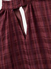 Nöista Burgundy Plaid Blouse With Mock Neck, Keyhole Detail And Long Sleeves. Elegant Design For Office Wear, Day-To-Night Outfits - Burgundy - View 9