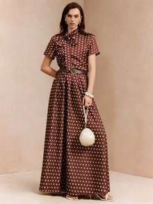Franclia Women's Tie Neck Short Sleeve Blouse Skirt Vintage 70s French 2 Pieces Set Office Garden Party Date Tea Party Brown And White Polka Dot Summer - Coffee Brown - View 8