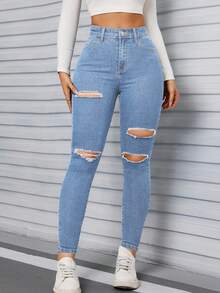Selenza Jeans pitillo negros con bolsillos inclinados y rasgados - Lavado ligero - Ver 4