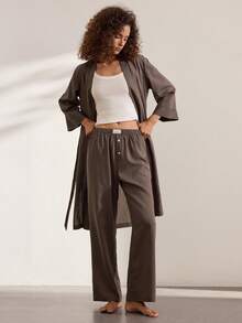 Ocili Comfortable Natural Linen Striped Women's Loungewear Robe - Black - View 7