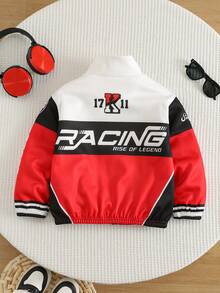 Kids Young Boy Autumn/Winter Street Style Versatile Colorblock Sporty Letter Print Stand Collar Jacket Boys Racing Jacket Coat Red Jacket - Multicolor - View 2