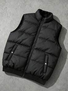 Manfinity Homme 男士純色立領拉鍊休閒日常冬季棉墊背心 - 黑色 - 查看 1