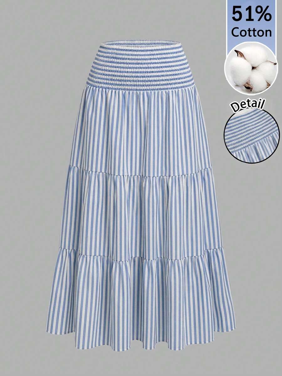 SHEIN MOD Rok Midi Bertingkat Longgar Bergaris Kasual Wanita dengan Detail Smock di Pinggang, Serbaguna untuk Musim Panas - Blue and White - View 1