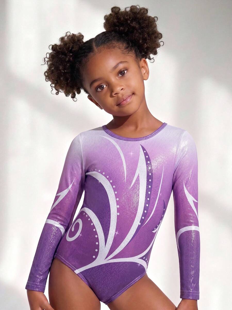 SHEIN Young Girls Activewear Purple Ombre Shiny Leotard, Long Sleeve Bodysuit, Autumn Winter, Training & Competition Fall Winter, Back To School, Dance, Gym - Purple - View 1