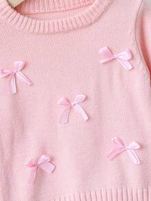 SHEIN Fashionable Versatile Cute Bow Pullover Round Neck Sweater For Girls - Pink - View 5