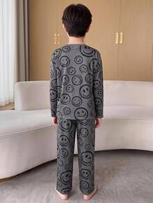 兒童青少年男孩休閒笑臉印花上衣與長褲兩件套，親子套裝，兄弟姐妹套裝，適合秋冬，居家與戶外穿著 - 灰色 - 查看 2
