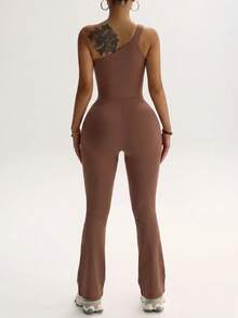 Easithlete Easithlete Women's Solid Color One Shoulder Daily Fitness Sports Jumpsuit - Brown - View 2
