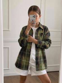 DAZY Tween Girls Loose Plaid Long Sleeve Casual Autumn Outerwear Lapel Collar Shirt - Army Green - View 8