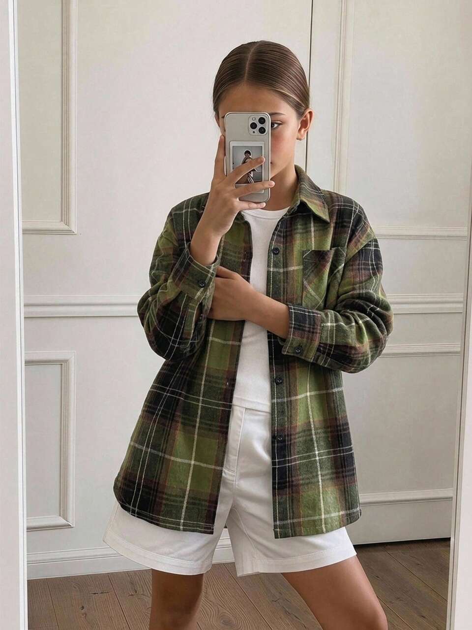 Tween Girls Loose Plaid Long Sleeve Casual Autumn Outerwear Lapel Collar Shirt