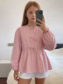 Hapijoa Tween Girls Round Neck Pullover Bow Decor Long Sleeve Autumn Waist-Cinching Blouse - Pink - View 8