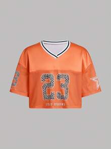 SHEIN Tween Girls' Fashion Sports Casual Street Style Orange Mesh Numeric Pattern Baseball Jacket, Suitable For World Cup, Sports Events, Music Festivals - Orange - View 5