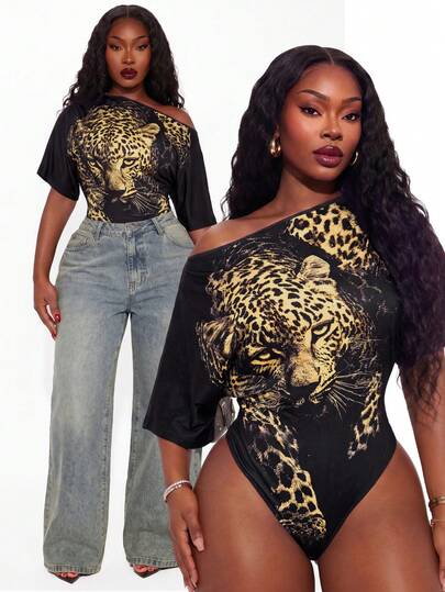 Radiana Plus Size Women's Casual Sexy Off-Shoulder Asymmetric Leopard & Tiger Print Bodysuit, Suitable For Casual, Daily Wear, Versatile Street Style