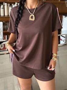 Muchica Spring/Summer Comfortable Casual Cowboy Chocolate Brown Plus Size 2 Pieces Set Vacation Office Sport Sport Sport - Brown - View 4