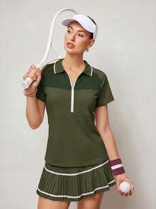 Activina 女款短袖拉鍊設計休閒運動 Polo 衫 - 墨綠色 - 查看 4