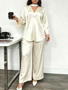 Modelyn Plus Size Champagne V-Neck Tie-Front Bell Sleeve Satin Top & Loose Pants 2 Pieces Set Autumn - Apricot - View 3