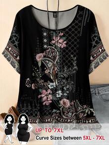 SHEIN CURVE+ Casual Boho Round Neck Placement Print Raglan Sleeve Loose Comfortable Versatile Blouse, Plus Size Women, Spring/Summer Holiday Wear Vacation Black - Black - View 1