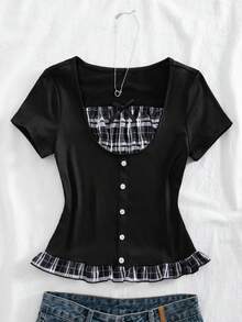 青少年女孩上衣，嬰兒 T 恤，度假，可愛，拼色，返校，修身，舒適，日常，優雅方領荷葉邊復古野餐風 - 黑色 - 查看 4