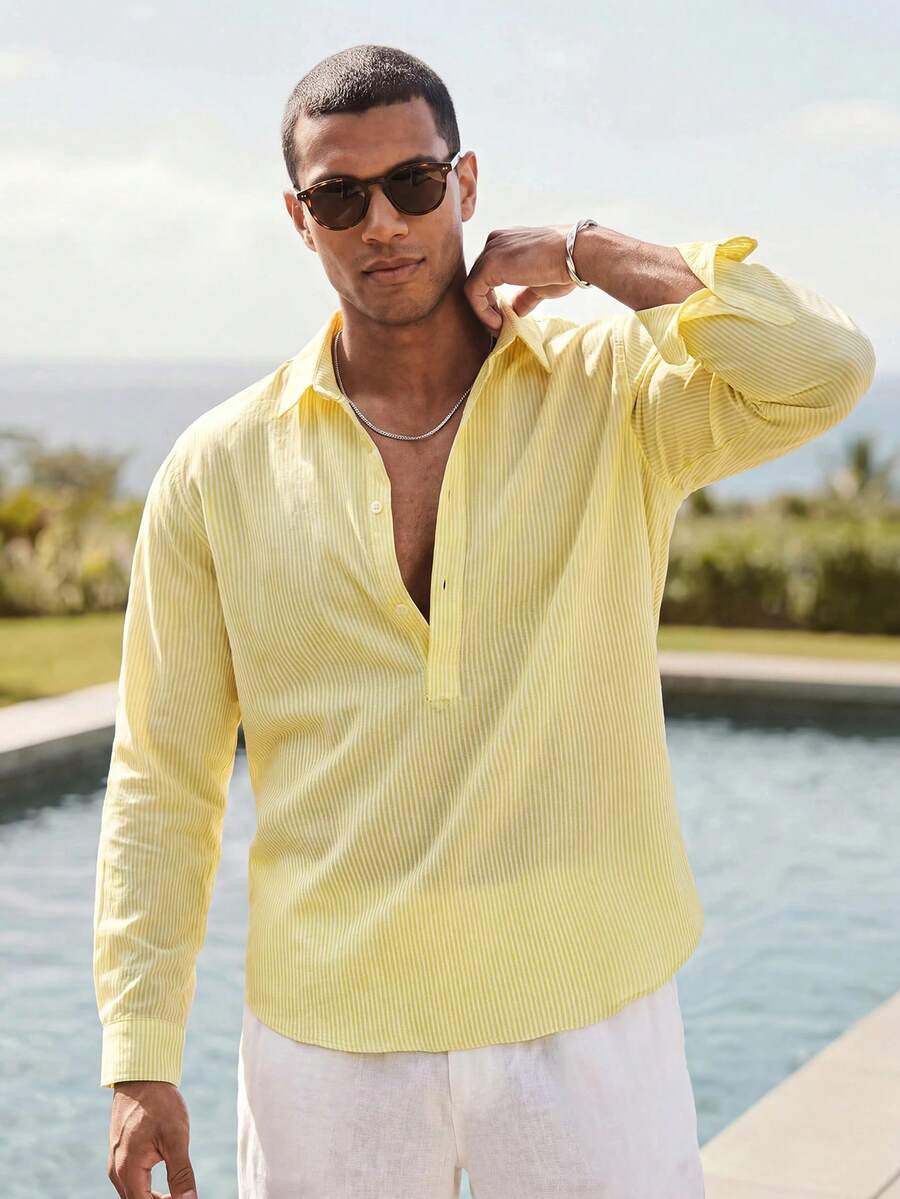 HIMLAND Men's Striped Long Sleeve Button Half-Placket Casual Shirt - Light Yellow - View 1